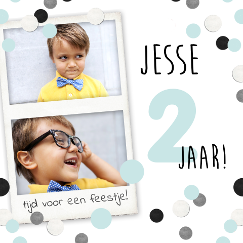 Feestelijke verjaardagsuitnodiging jongen met confetti en foto's