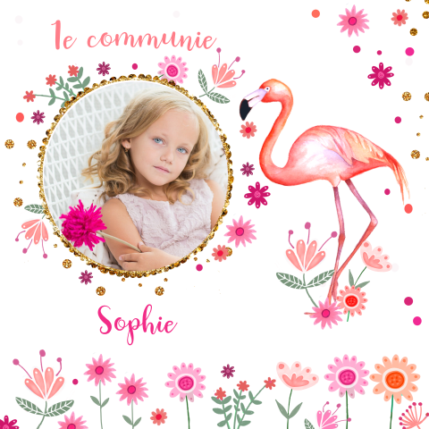 Lieve communiekaart met flamingo en bloemen