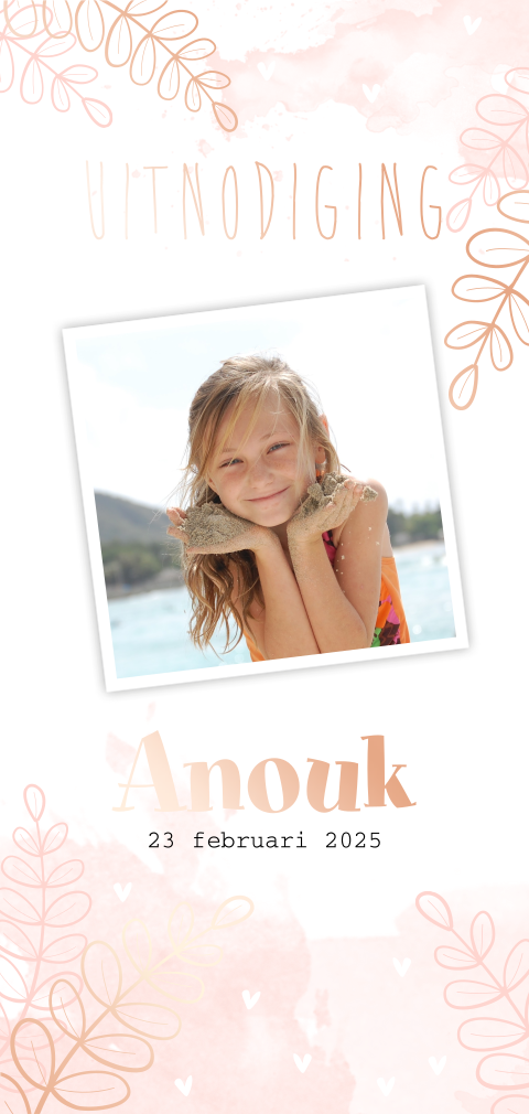 Roségoudfolie kinderuitnodiging voor een meisje met takjes en foto
