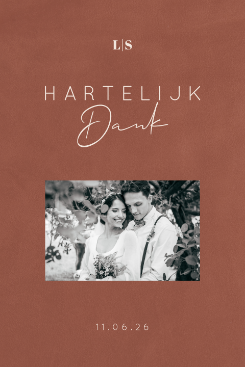 Bedankkaart met foto en initialen op velvet-look