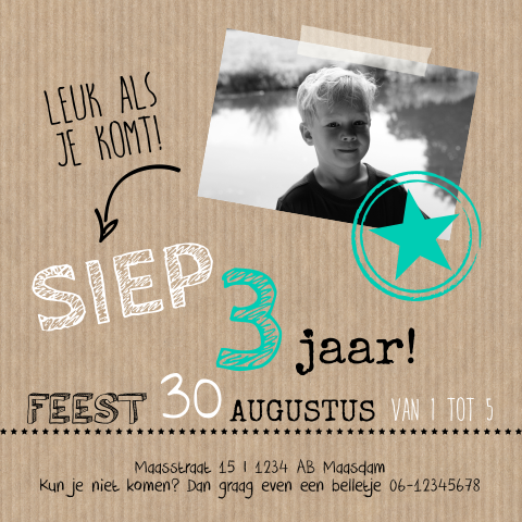 Hippe kaart kinderfeestje jongen met foto