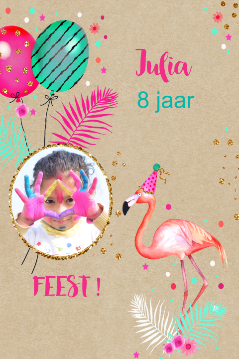 Hippe verjaardagsuitnodiging feestje met foto en flamingo