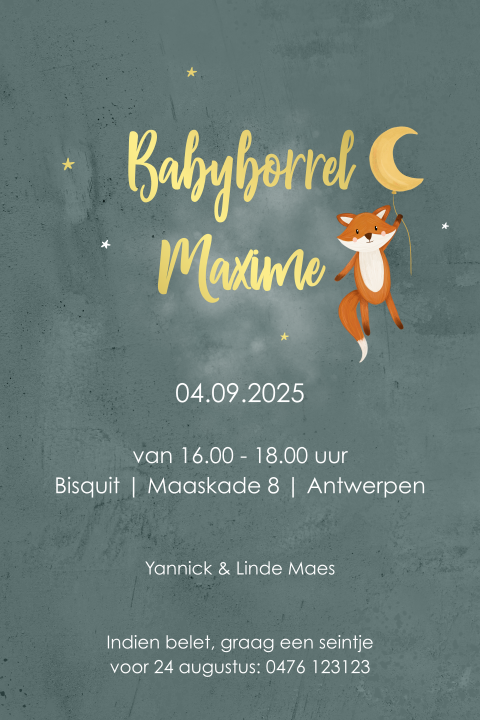 Goudfolie babyborrelkaartje met vosje en maan