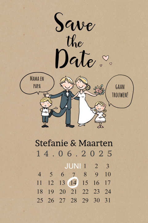 Kalender Save the Date kaart in kraft-look met vrolijke strip van bruidspaar