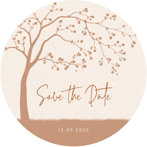 Originele save the date kaart rond met boom in terracotta