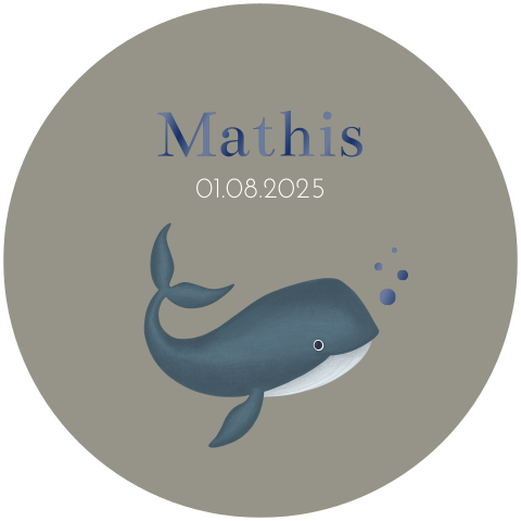 Origineel rond geboortekaartje met walvis en hoogglans