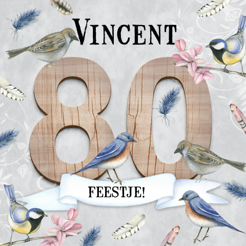Uitnodiging verjaardag 80 jaar met vogeltjes en veertjes