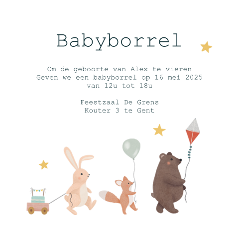 Babyborrelkaartje met getekende bosdiertjes en ballonnen