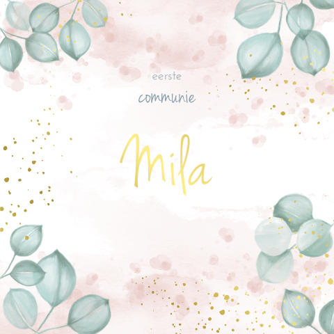 Goudfolie communiekaart met roze waterverf en eucalyptus
