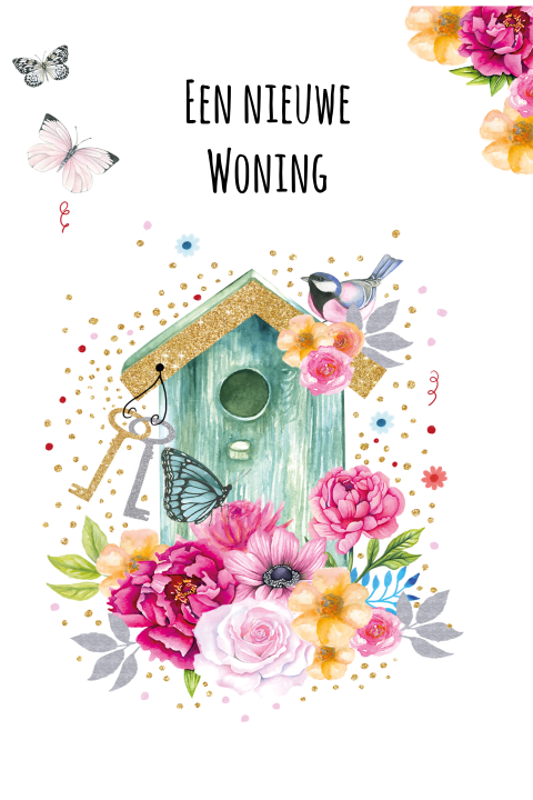 Kleurrijke verhuiskaart met vogelhuisje en bloemen