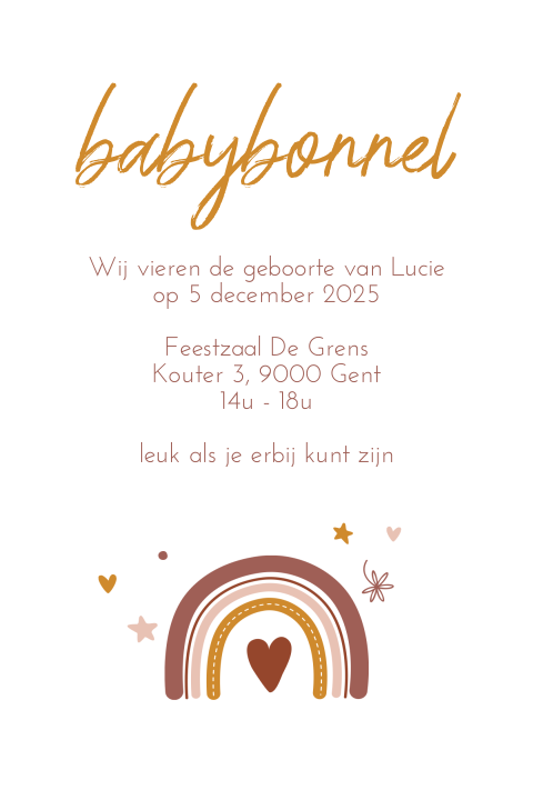 Babyborrelkaartje met roze regenboog en hartje
