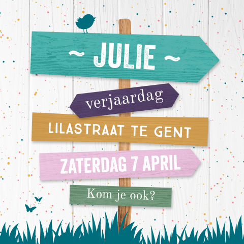 Stoere kinderuitnodiging met houten paal, confetti en vogel