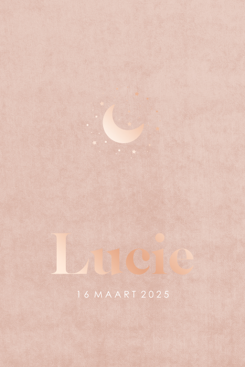 Roségoudfolie geboortekaart met oudroze velvet look en maantje