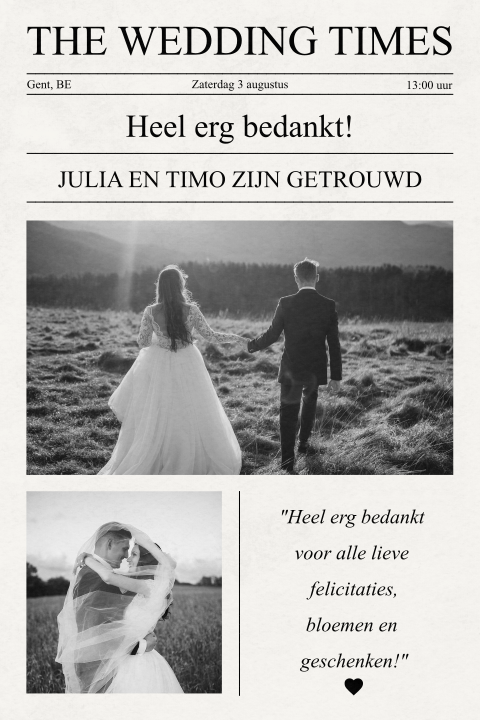 Originele bedankkaart in de stijl van een krant