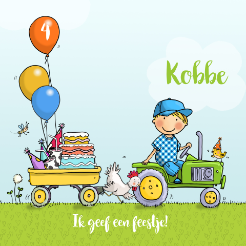 Stoere uitnodiging voor kinderfeestje jongetje met traktor en ballonen