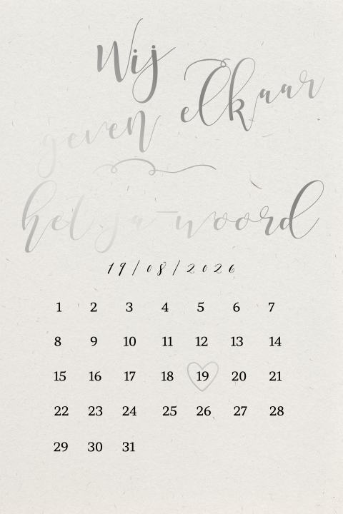 Kalender trouwkaart met zilverfolie en sierlijke letters