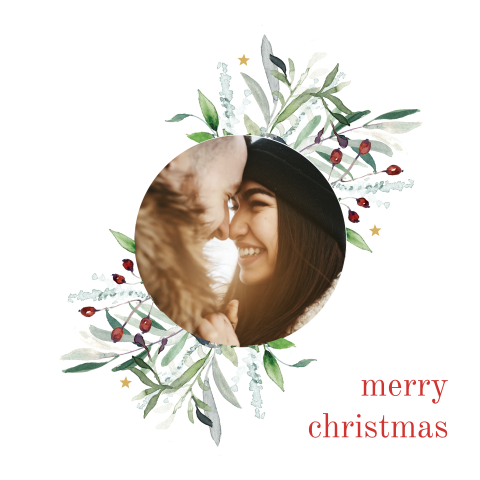 Stijlvolle kerstkaart met foto in ronde vorm en takjes