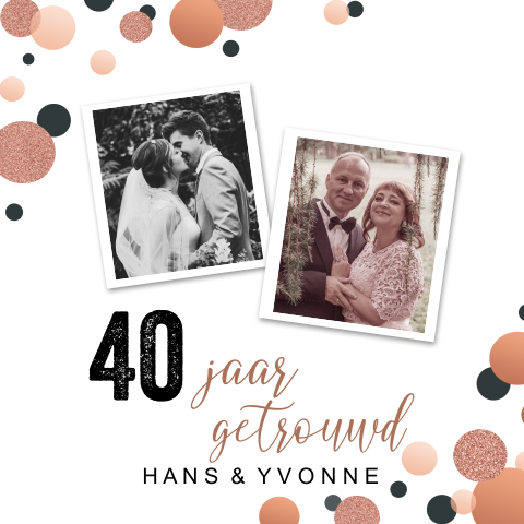 Feestelijke uitnodiging 40 jaar getrouwd met koper confetti en foto