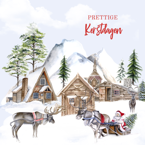 Kerstkaartje met rendieren en de kerstman in een arrenslee