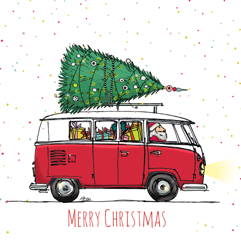 Getekende kerstkaart met rood busje