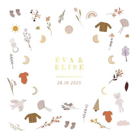 Tweeling geboortekaartje met kleine illustraties en goudfolie