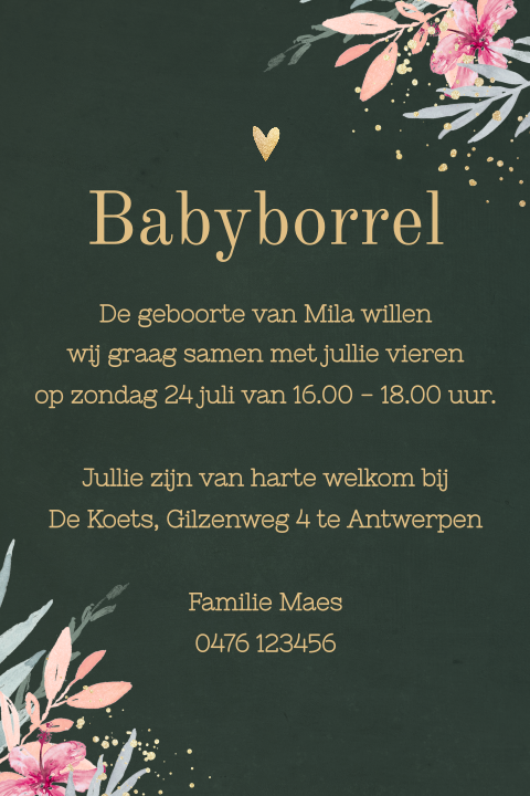 Uitnodiging babyborrel met bloemen op donkergroene achtergrond
