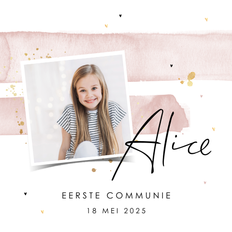 Hippe communiekaart met foto en roze verfstrepen