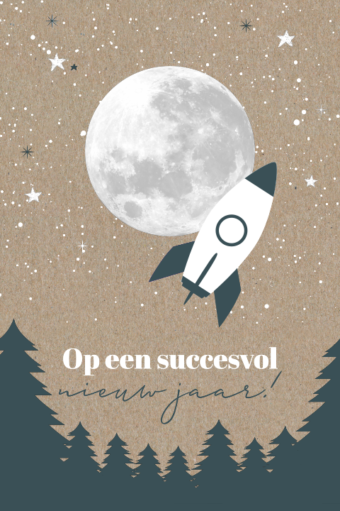 Zakelijke nieuwjaarskaart met maan en raket op kraftpapier