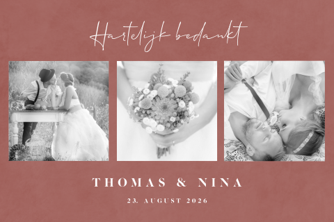 Moderne bedankkaart trouwen velvet-look achtergrond met 3 foto's