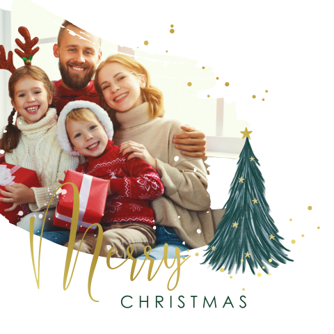 Hippe kerstkaart met foto, kerstboom en details van goudfolie