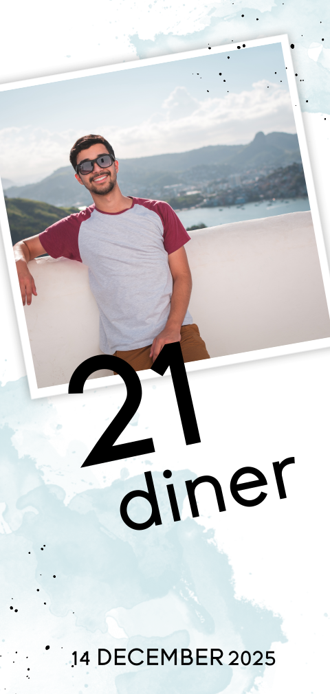 Hippe uitnodiging 21 diner jongen met foto en aquarel
