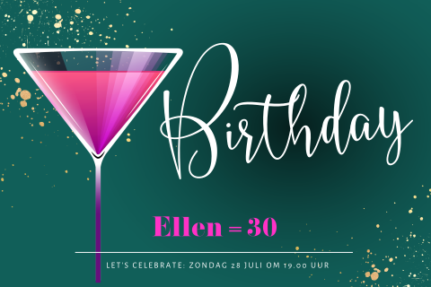 Hippe verjaardagsuitnodiging met cocktail glas en gouden spikkels