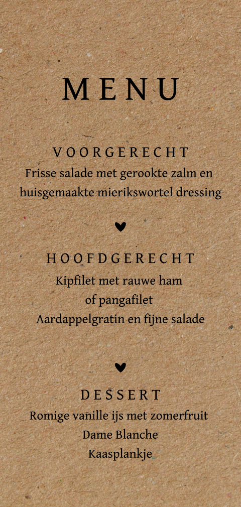 Stoere menukaart met zwarte tekst op kraft-look
