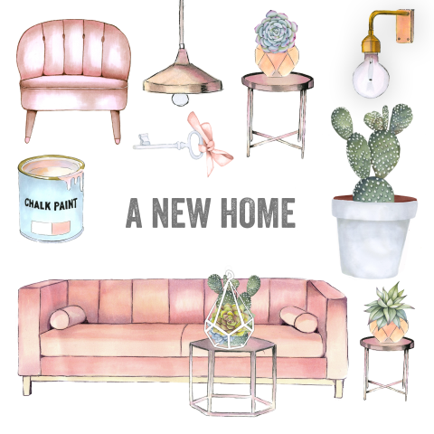 Leuke verhuiskaart met illustraties van bank, lampjes en planten