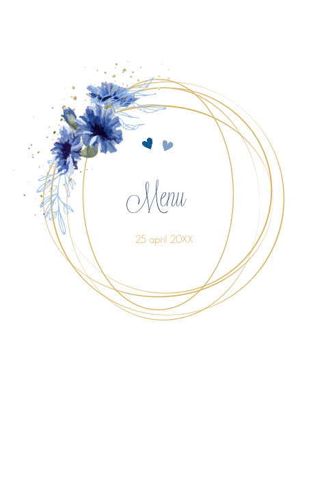 Menukaart met cirkels en blauwe aquarel bloemen