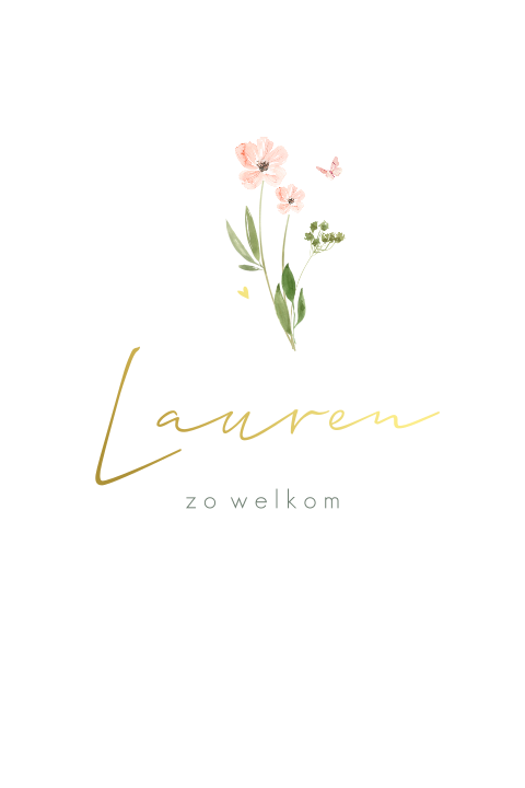 Eenvoudig geboortekaartje met bloemen en goudfolie