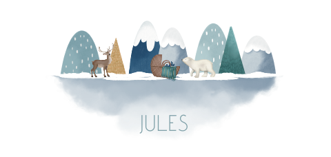 Blauw wit geboortekaartje met winters tafereel