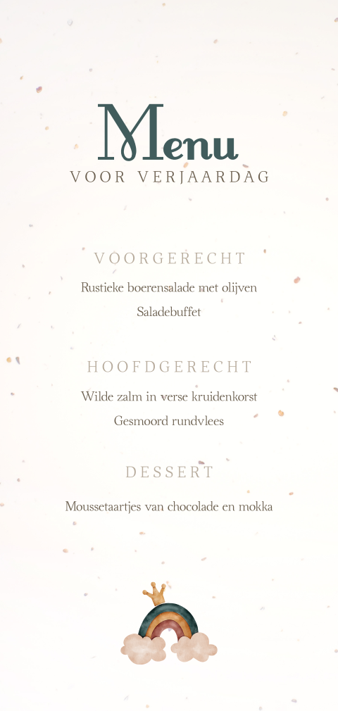 Menukaart met regenboogje en kroontje op duurzaam papier