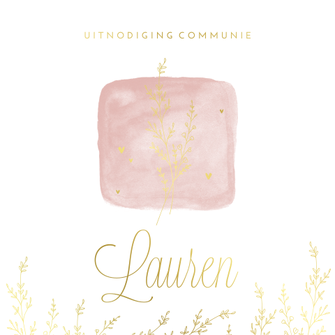 Trendy communie uitnodiging met roze aquarel en gouden takjes