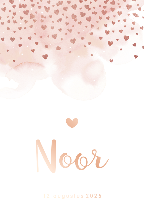 Romantisch roségoudfolie geboortekaartje met roze hartjes regen