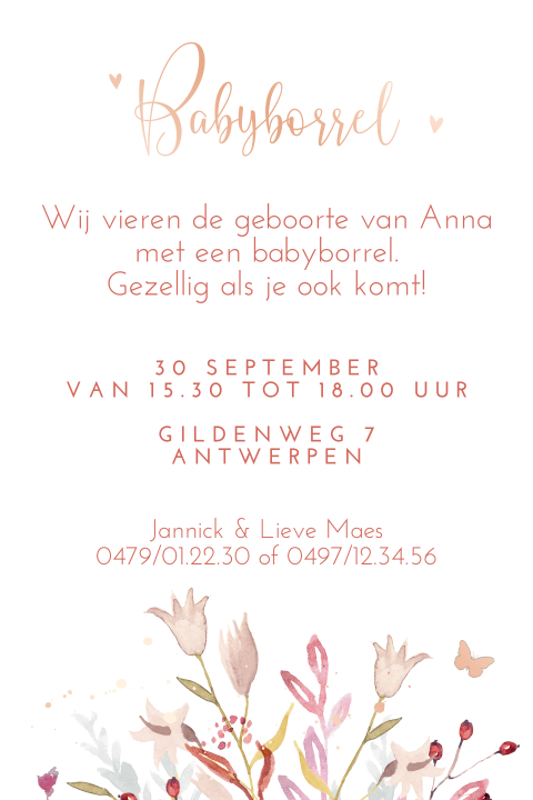 Babyborrelkaartje met bloemenrand en roségoudfolie details