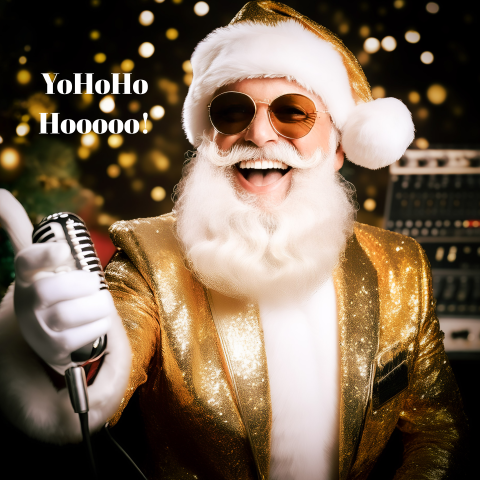 Vrolijke kerstkaart met de kerstman in een gouden pak