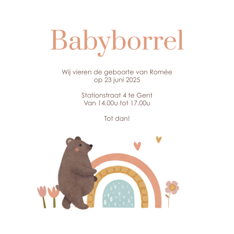 Babyborrelkaartje met schattig beertje en regenboogje