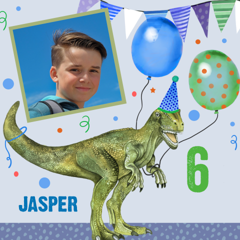Stoere uitnodiging verjaardag jongen met foto en dinosaurus T-rex