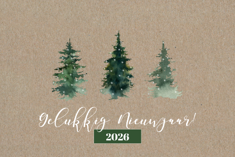 Zakelijke kerstkaart met dennenbomen en foto