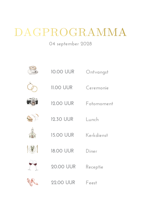 Dagprogramma kaart met icoontjes en goudfolie