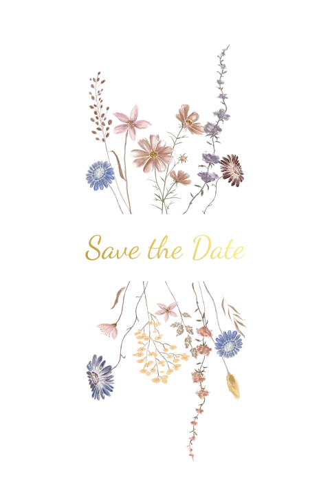 Save-the-date uitnodiging voor huwelijk met folie en veldbloemen