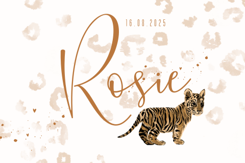 Stoer geboortekaartje meisje met tijger en dierenprint
