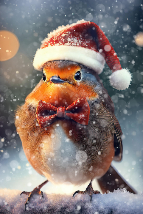 Kerstkaart roodborstje met strik en kerstmuts