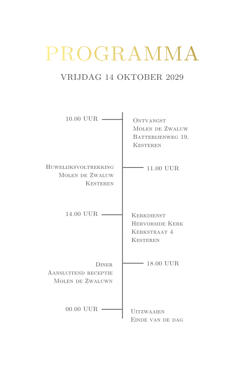 Programmakaartje bruiloft met goudfolie